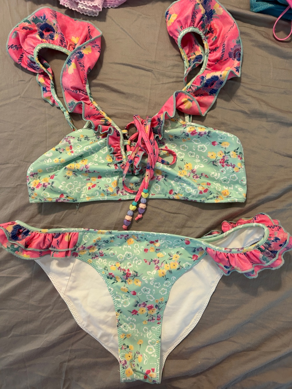 LoveShackFancy Mint Green and Pink Floral Ruffle Bikini